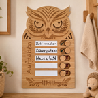 Eulen-Aufgabentafel aus Holz für Kinder mit beschreibbaren Aufgabenfeldern und Schiebereglern