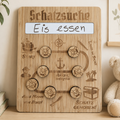 Belohnungstafel Schatzsuche aus Holz mit beschreibbarem Feld und magnetischen Münzen für Kinder