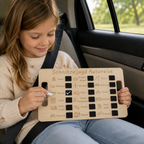 Schnitzeljagd Autoreise aus Holz für Kinder mit Entdecken und Abhaken während der Autofahrt.