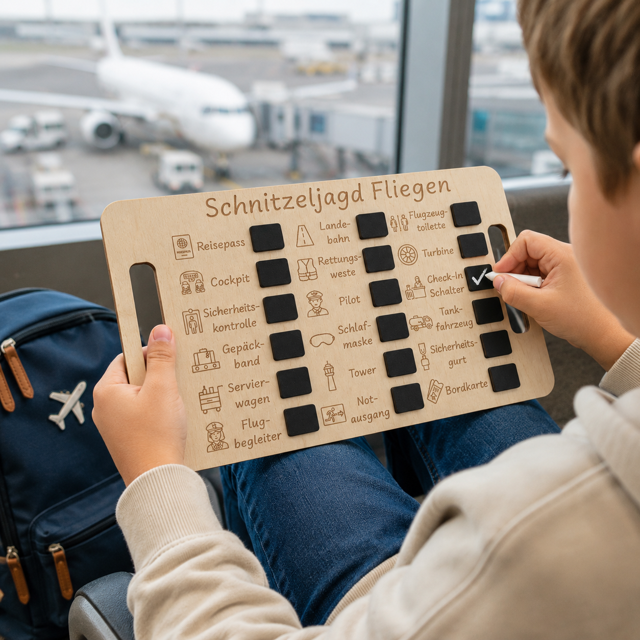 Kind nutzt die Schnitzeljagd Flugreise aus Holz und entdeckt unterwegs spielerisch Begriffe rund ums Fliegen.