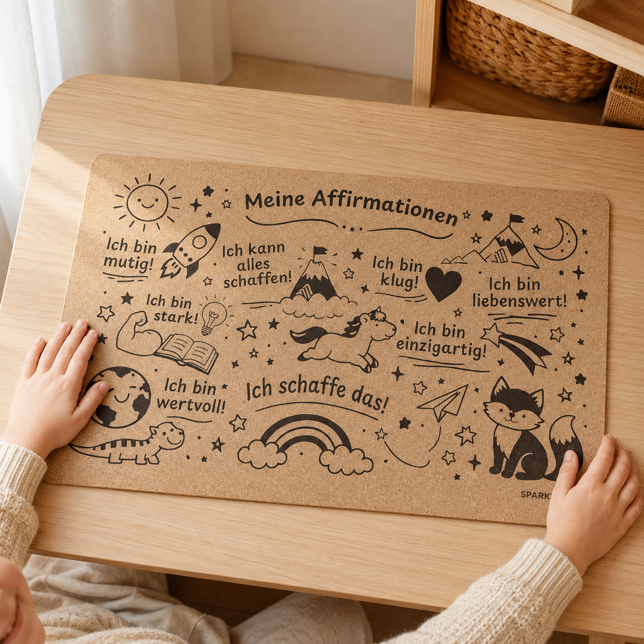 Kork-Schreibtischunterlage für Kinder mit positiven Affirmationen und Tiermotiven