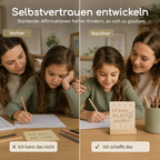 Vorher-Nachher-Vergleich mit Affirmationskarte aus Holz zur Stärkung von Selbstvertrauen bei Kindern