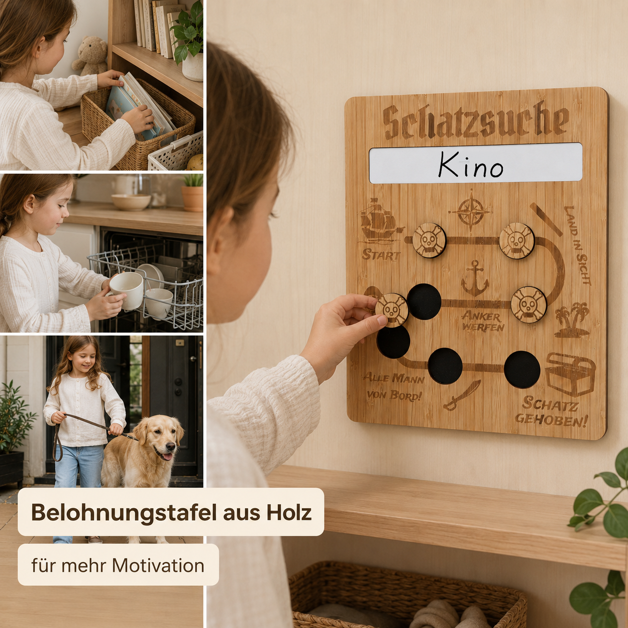 Kind nutzt eine Schatzsuche-Belohnungstafel aus Holz, um Aufgaben zu erledigen und eine Belohnung zu verdienen