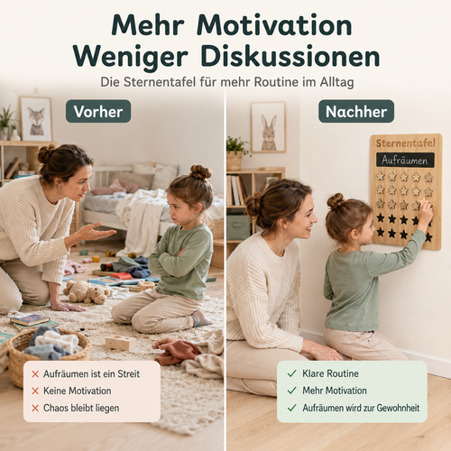 Vorher-Nachher-Vergleich mit Sternentafel aus Holz für mehr Motivation und Routine im Kinderalltag