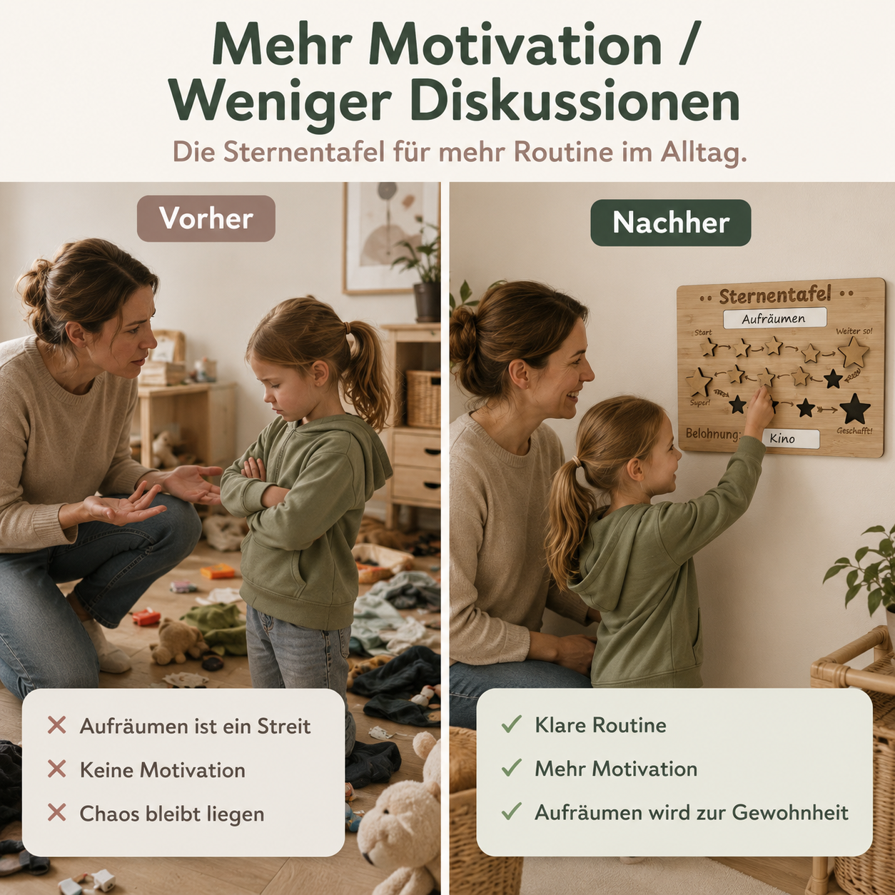 Vorher-Nachher-Vergleich mit Sternentafel aus Holz für mehr Motivation und Routine im Kinderalltag