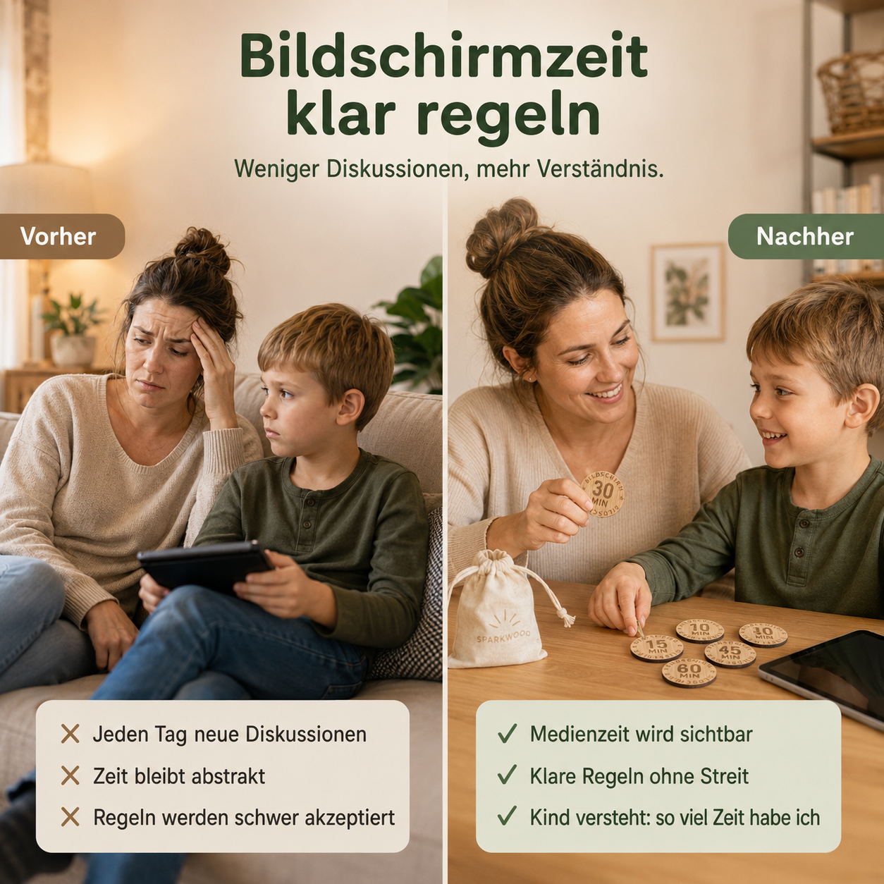 Vorher-Nachher-Vergleich mit Bildschirmzeit-Münzen aus Holz für klare Medienzeit-Regeln ohne Streit