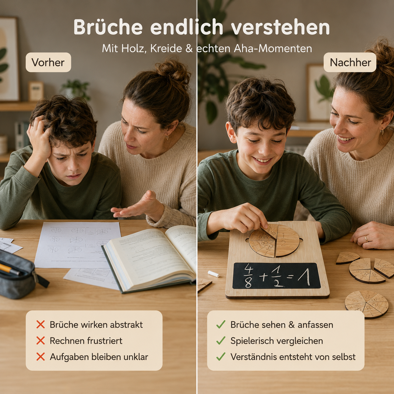 Vorher-Nachher-Vergleich mit Bruchrechnen-Lernset aus Holz für Kinder in der Grundschule
