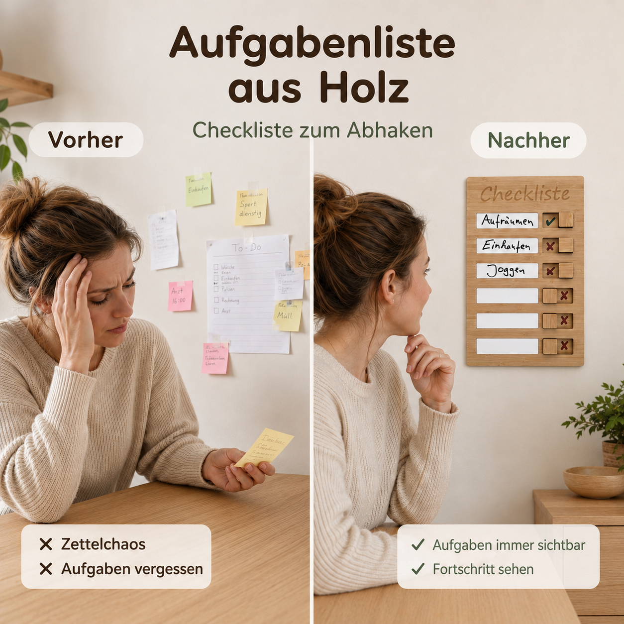Vorher-Nachher-Vergleich mit Holz-Checkliste zum Organisieren von Aufgaben ohne Zettelchaos