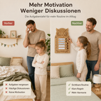 Vorher-Nachher-Vergleich mit Eulen-Aufgabentafel aus Holz für mehr Routine im Kinderalltag