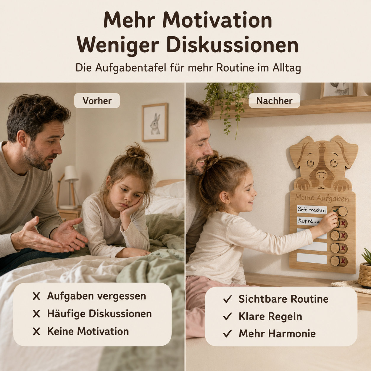 Vorher-Nachher-Vergleich mit Hund-Aufgabentafel aus Holz für mehr Routine und Motivation im Kinderalltag