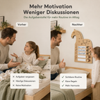 Vorher-Nachher-Vergleich mit Pferd-Aufgabentafel aus Holz für mehr Routine und Motivation im Kinderalltag