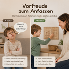 Vorher-Nachher-Vergleich mit Countdown-Kalender aus Holz, der Warten auf den Geburtstag für Kinder sichtbar macht