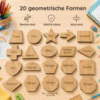 Lernset mit 20 geometrischen Formen aus Bambus-Holz, gravierten Formnamen und ca. 6 cm Größe