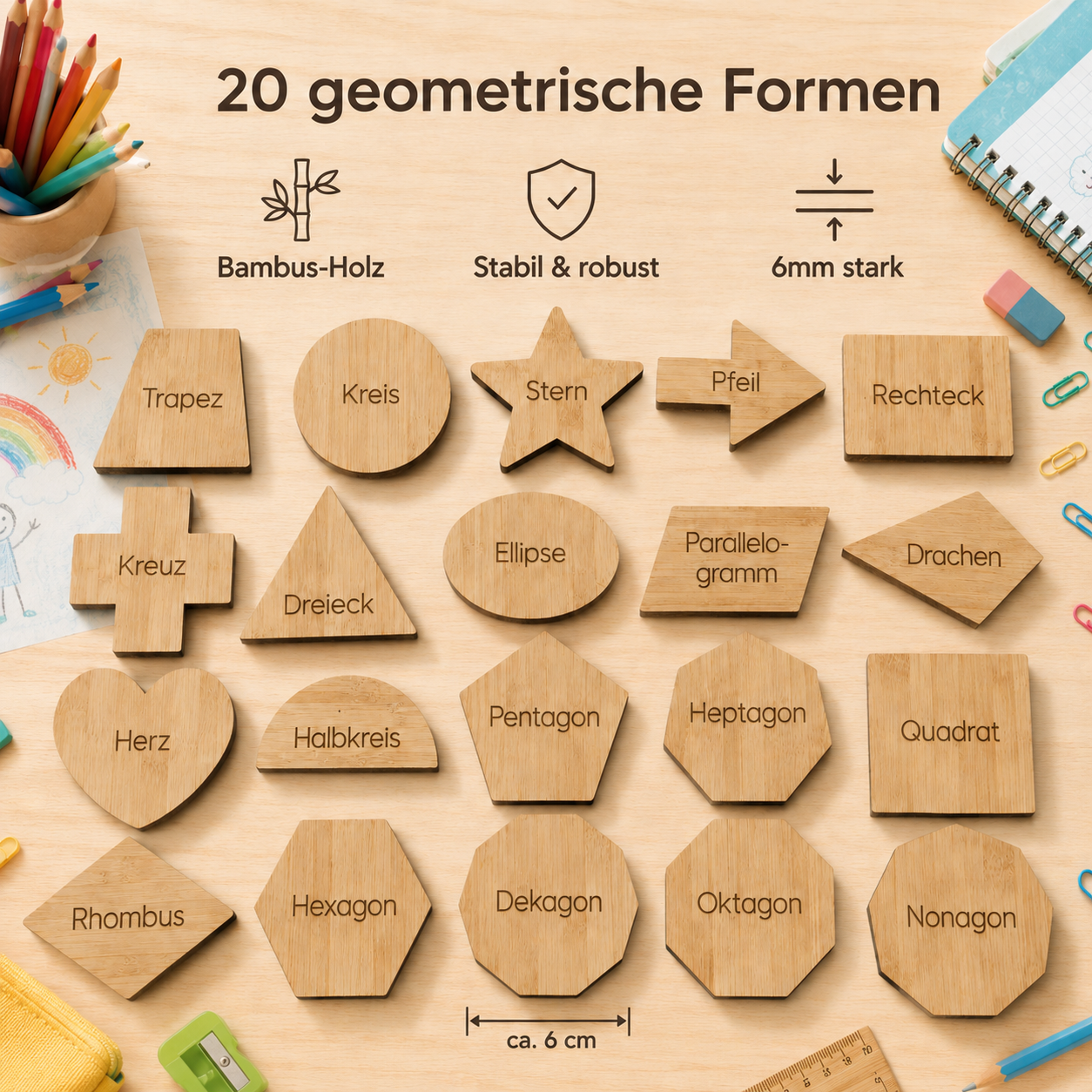 Lernset mit 20 geometrischen Formen aus Bambus-Holz, gravierten Formnamen und ca. 6 cm Größe