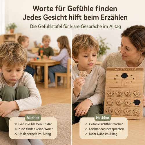 Vorher-Nachher-Vergleich mit Gefühlstafel Hund aus Holz für klare Gespräche über Emotionen