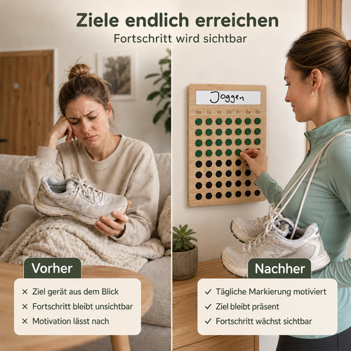 Vorher-Nachher-Vergleich mit Holz-Habit-Tracker zum Erreichen persönlicher Ziele