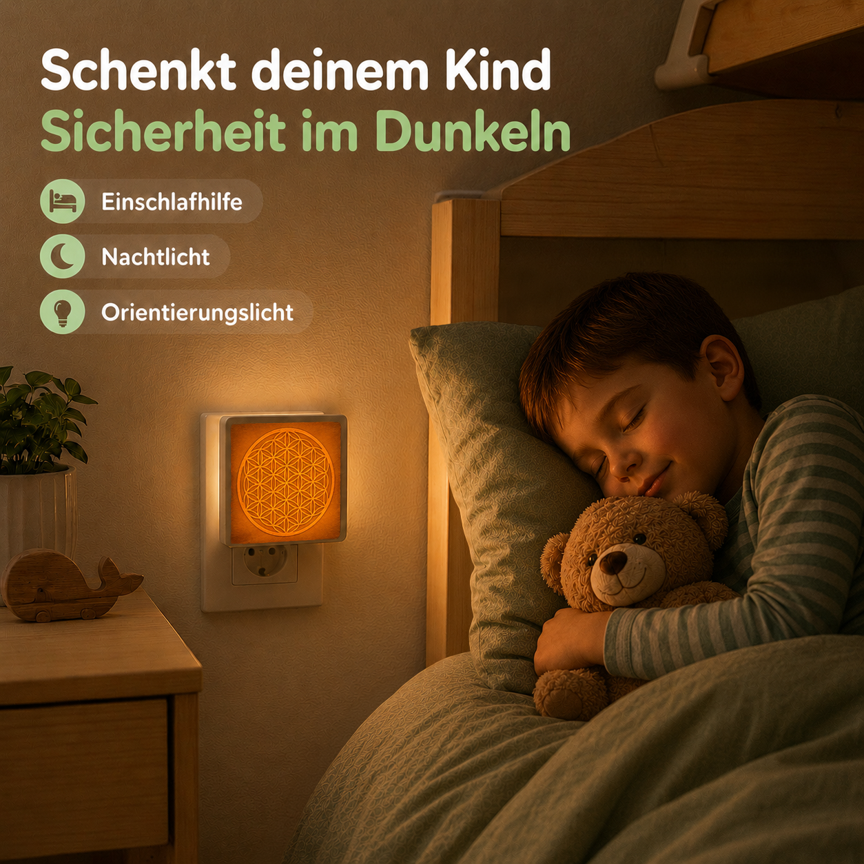 Schlafendes Kind mit Blume-des-Lebens-Nachtlicht aus Holz als sanfte Orientierung im Dunkeln