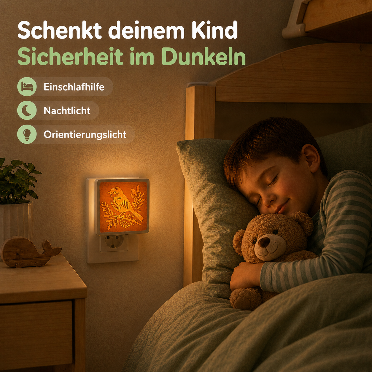 Schlafendes Kind mit Vogel-Nachtlicht aus Holz als sanfte Orientierung im Dunkeln