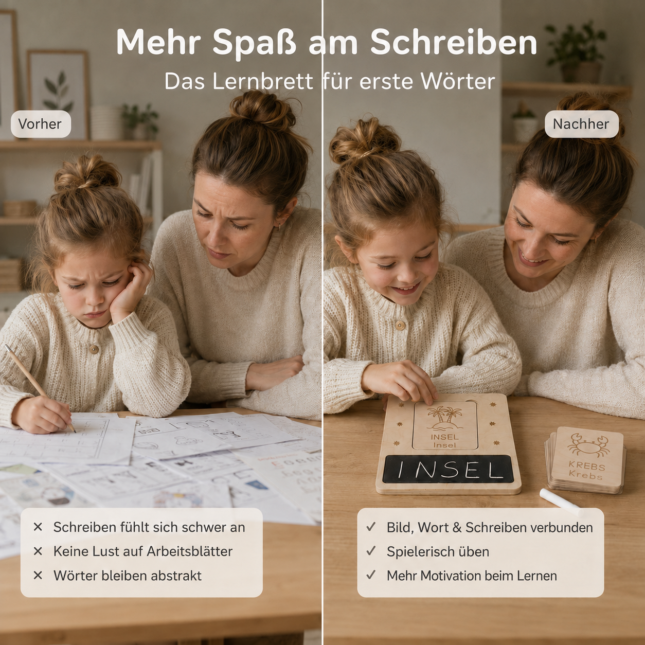 Vorher-Nachher-Vergleich: Schreibenlernen mit Lernbrett, Wortkarten und Kreidefeld