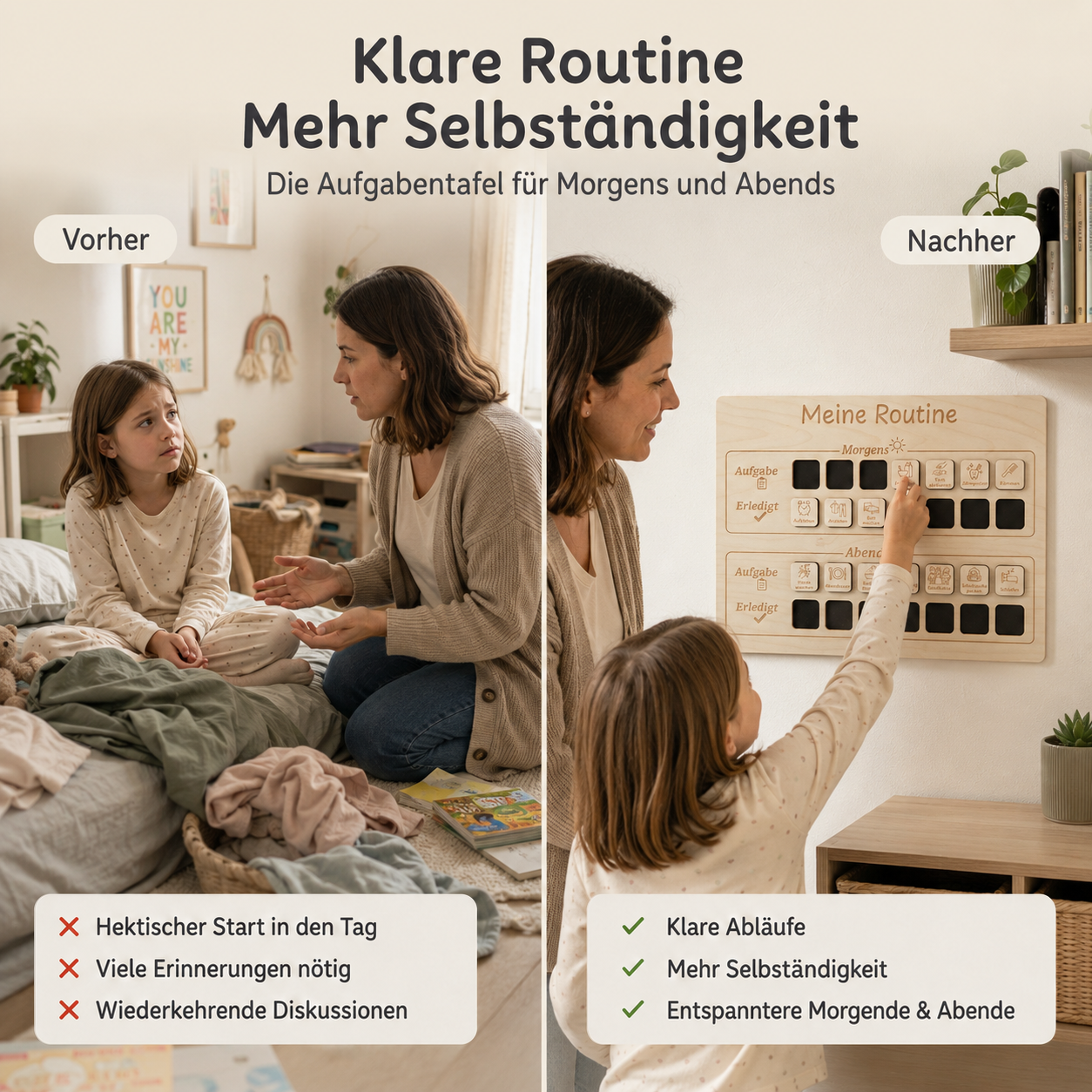 Vorher-Nachher-Vergleich mit Routinetafel aus Holz für mehr Selbstständigkeit am Morgen und Abend