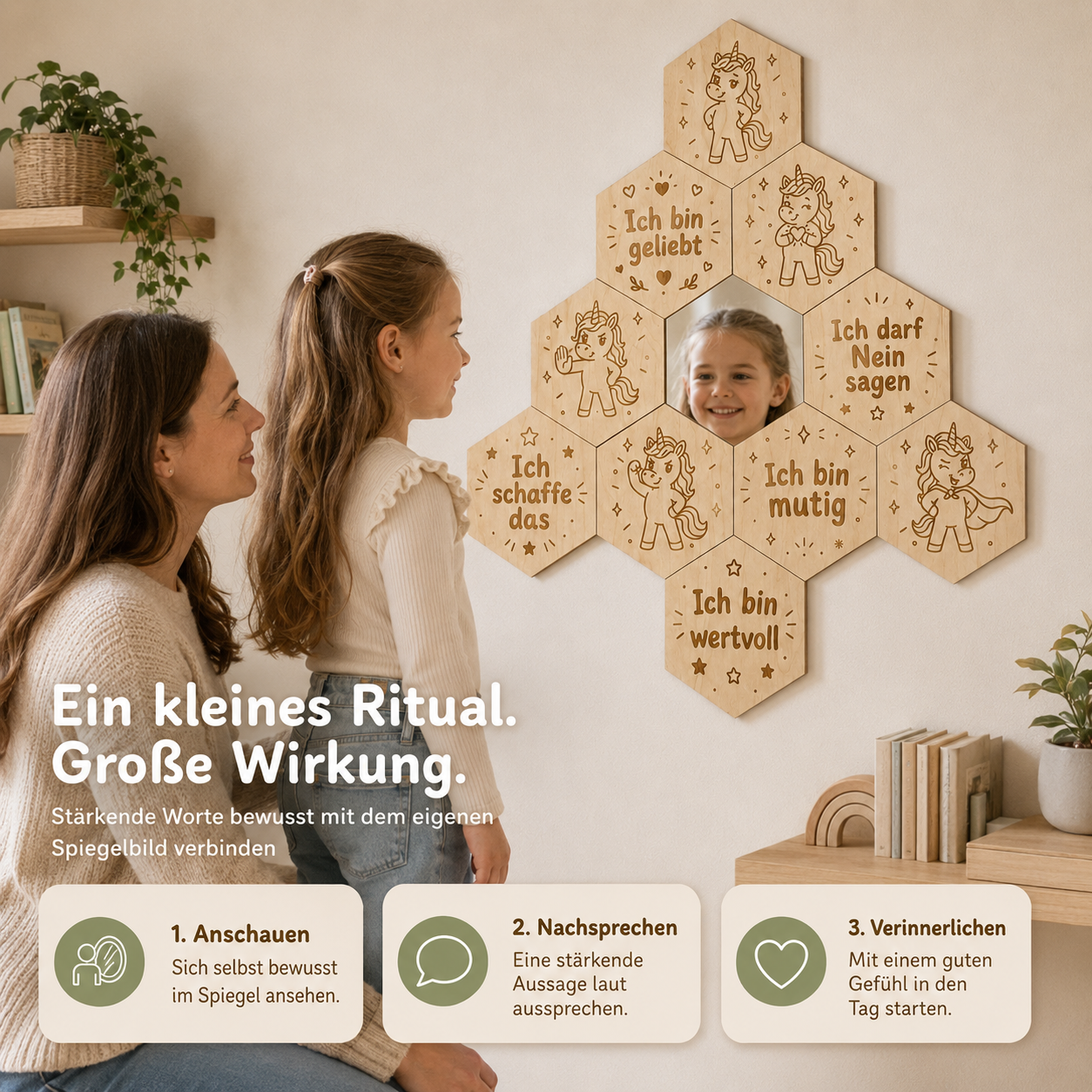 Mutter und Kind nutzen den Mutmach-Spiegel Einhorn in Natur als tägliches Ritual für Selbstvertrauen und Selbstliebe