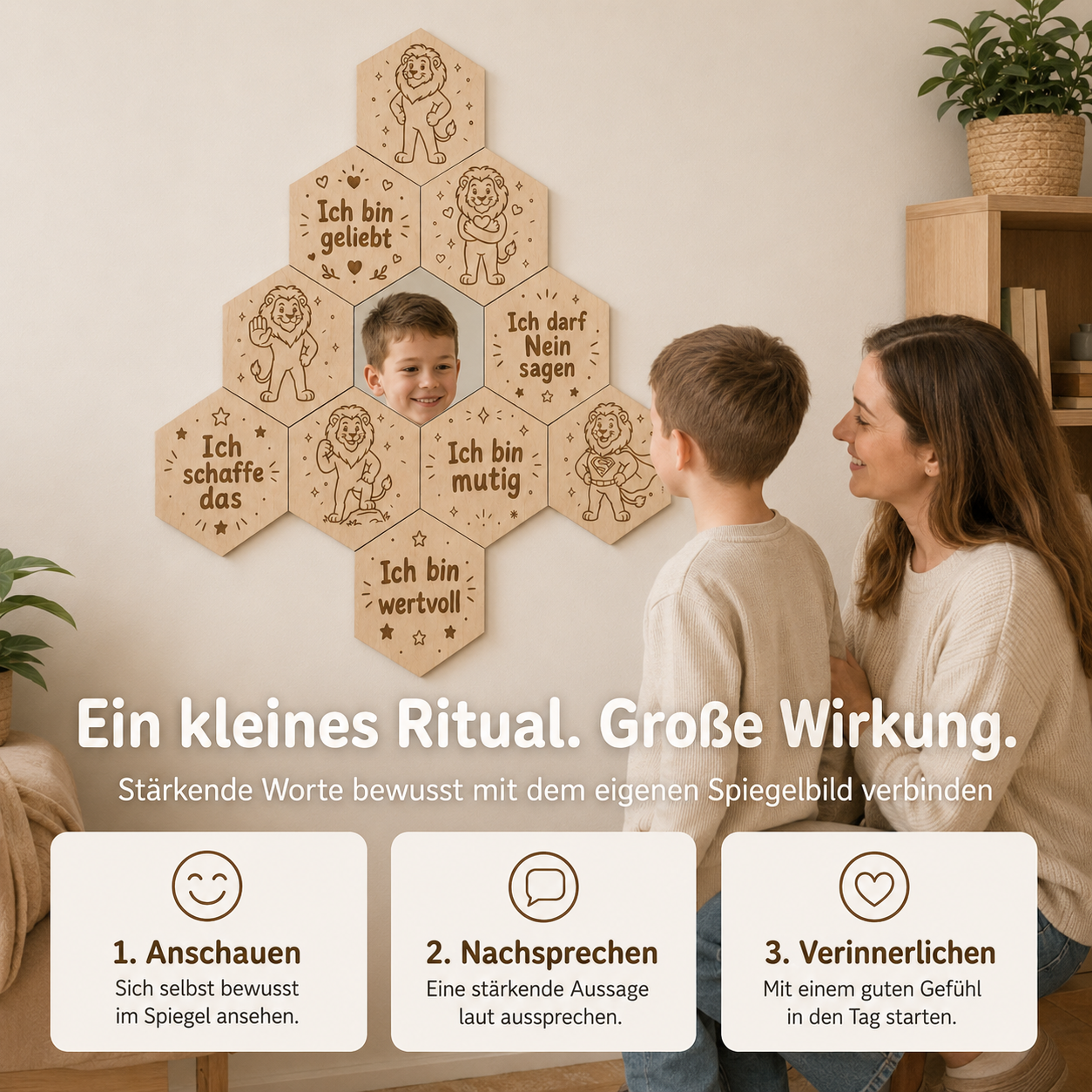 Mutter und Kind nutzen den Mutmach-Spiegel Löwe in Natur als tägliches Ritual für Selbstvertrauen und Selbstliebe