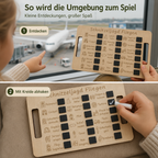 Kind hakt auf der Schnitzeljagd Flugreise gefundene Begriffe mit Kreide ab und beschäftigt sich unterwegs.