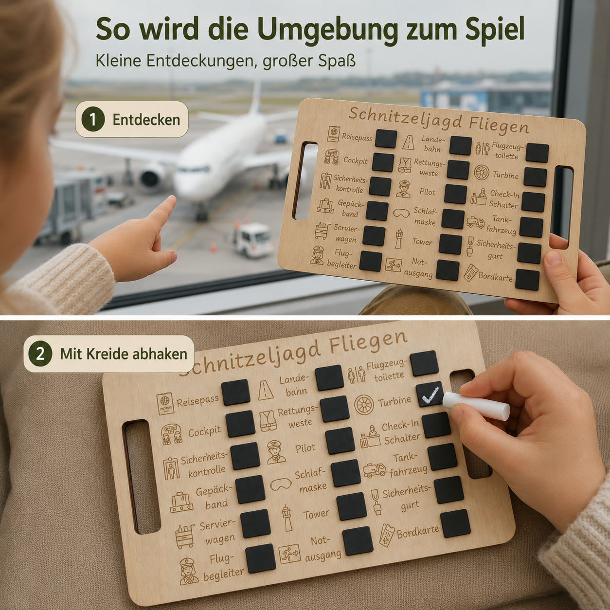 Kind hakt auf der Schnitzeljagd Flugreise gefundene Begriffe mit Kreide ab und beschäftigt sich unterwegs.