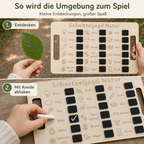 Kind hakt auf der Schnitzeljagd Natur gefundene Motive mit Kreide ab und beschäftigt sich unterwegs.