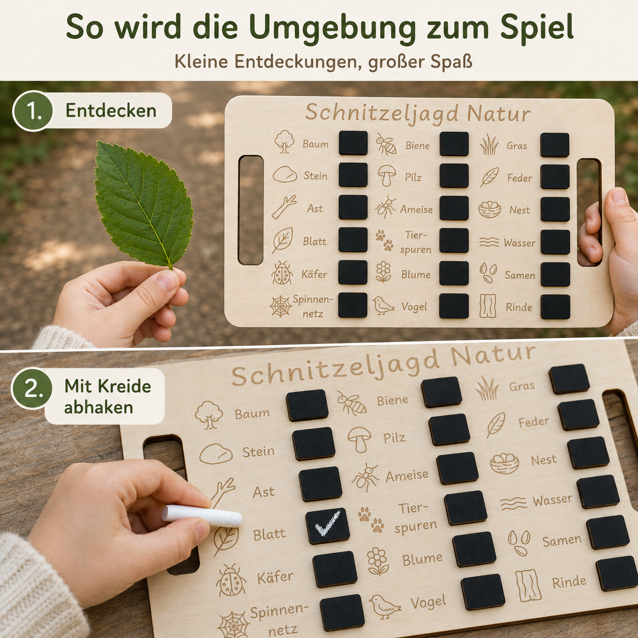 Kind hakt auf der Schnitzeljagd Natur gefundene Motive mit Kreide ab und beschäftigt sich unterwegs.