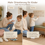 Vorher-Nachher-Vergleich mit Tagesplan aus Holz für mehr Orientierung und weniger Diskussionen im Kinderalltag