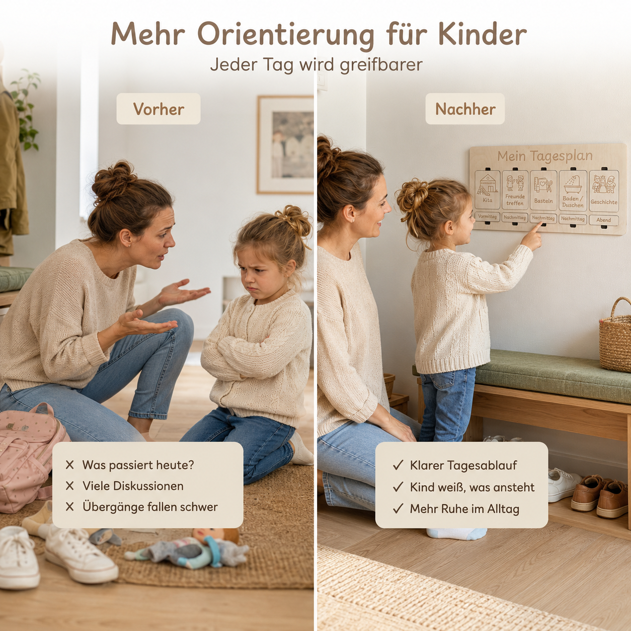 Vorher-Nachher-Vergleich mit Tagesplan aus Holz für mehr Orientierung und weniger Diskussionen im Kinderalltag