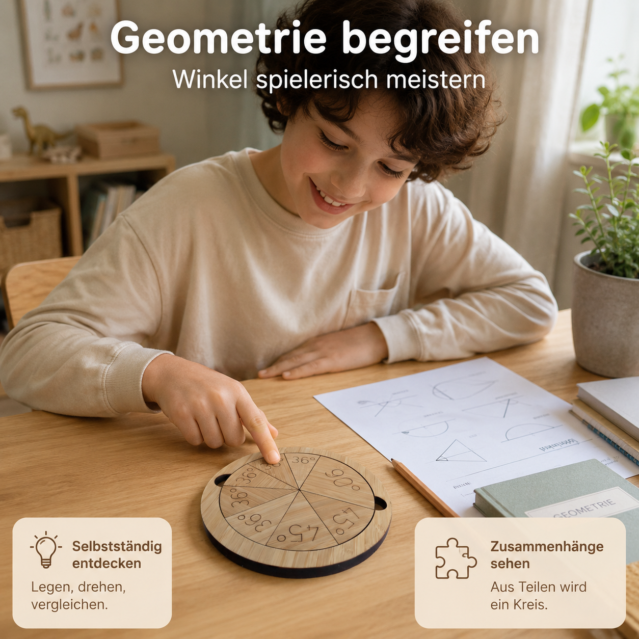 Kind nutzt ein Winkelkreis-Lernset aus Holz, um Winkel und Kreisaufteilungen spielerisch zu verstehen