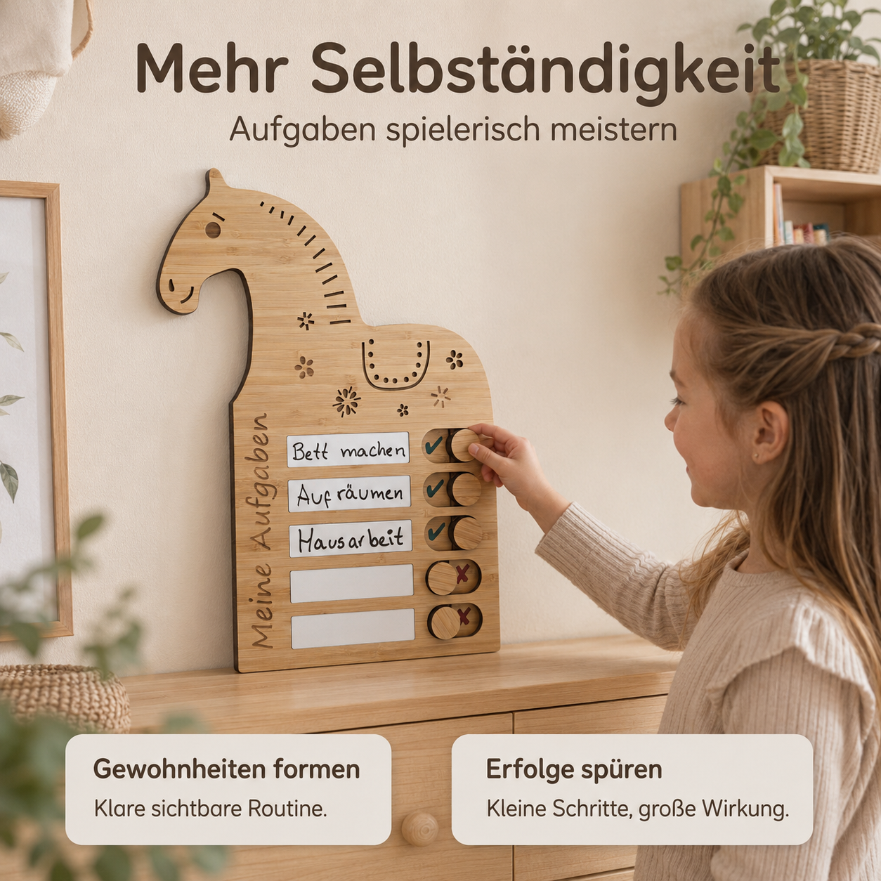 Kind nutzt eine Pferd-Aufgabentafel aus Holz zum Abhaken täglicher Aufgaben und Routinen
