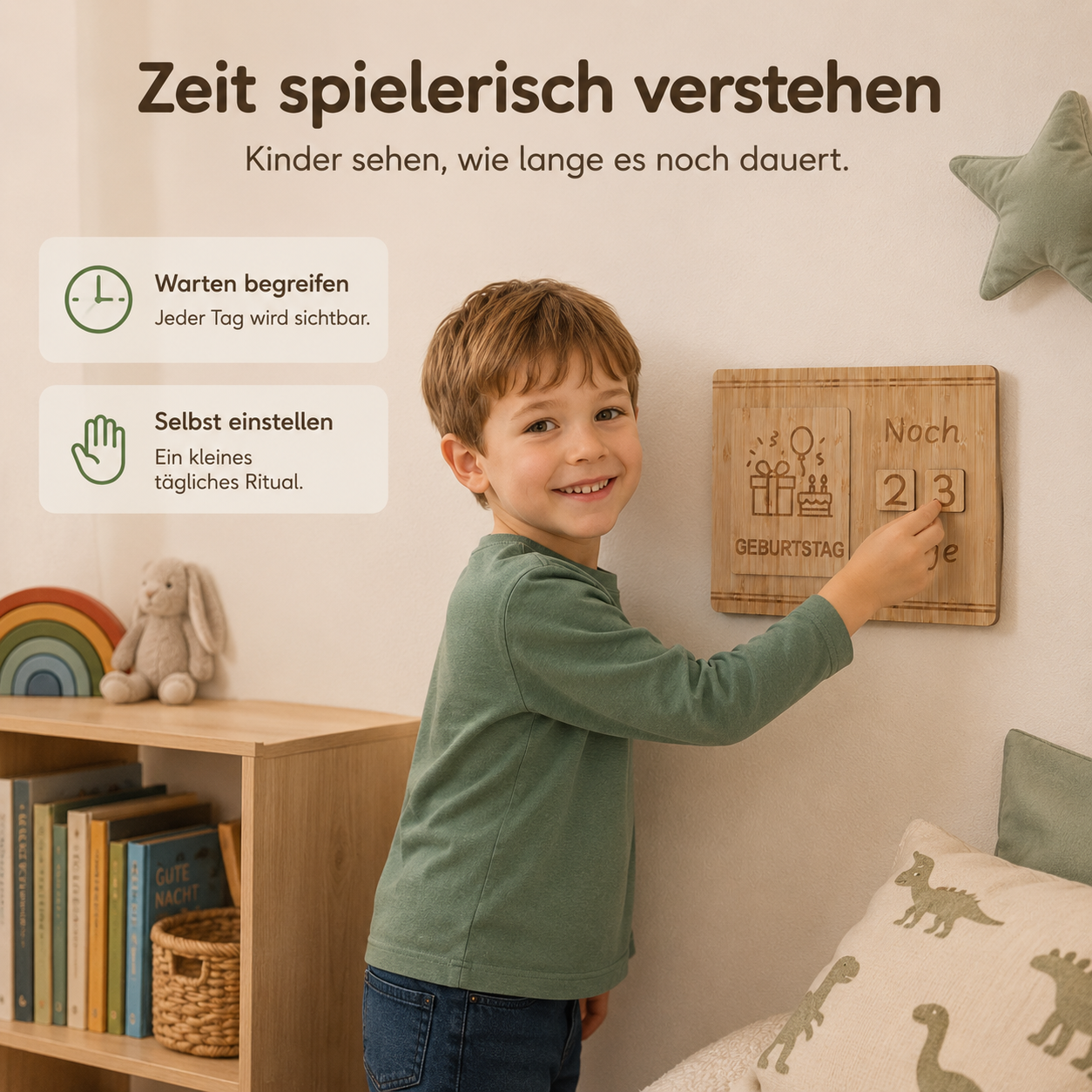 Kind stellt am Countdown-Kalender aus Holz die verbleibenden Tage ein und lernt Zeit spielerisch zu verstehen