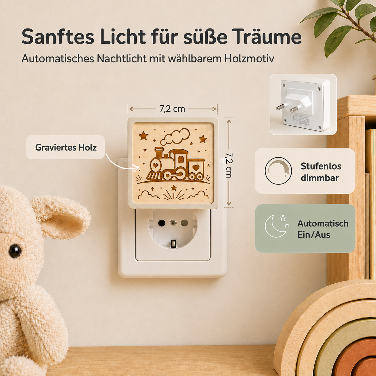 Steckdosen-Nachtlicht mit gravierter Holzfront und Eisenbahnmotiv, warmem Licht und Dämmerungssensor.