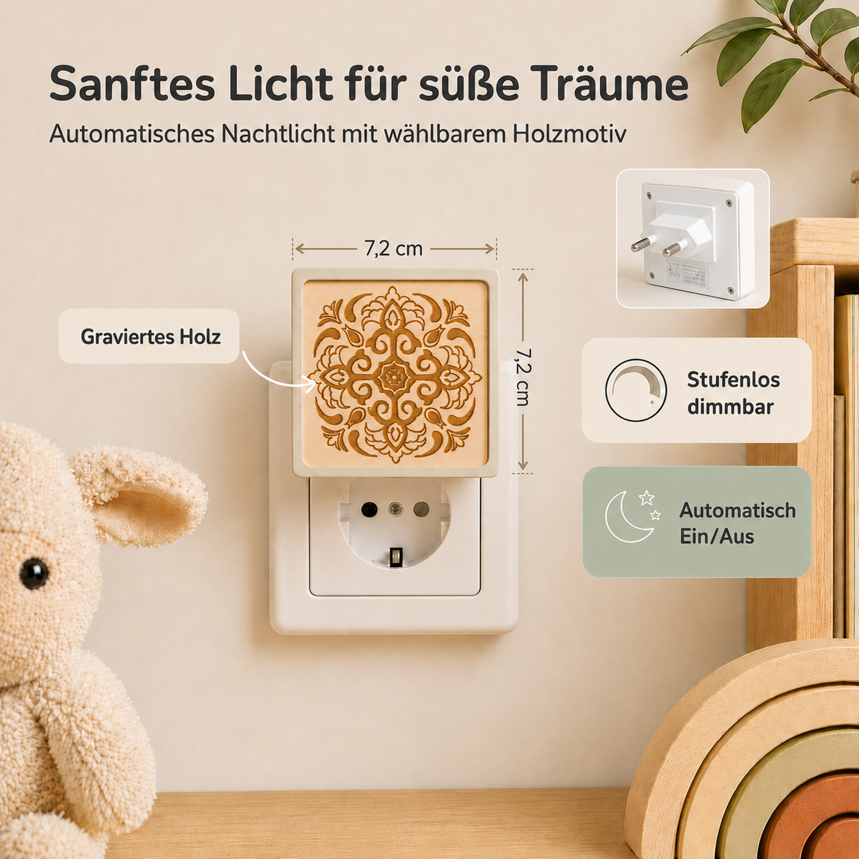 Steckdosen-Nachtlicht mit gravierter Holzfront und Mandala-Motiv, warmem Licht und Dämmerungssensor.