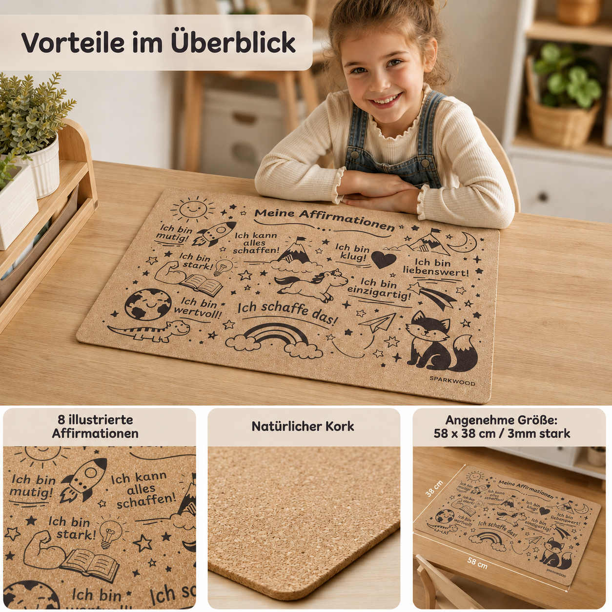 Kork-Schreibtischunterlage mit Kinder-Affirmationen, natürlicher Oberfläche und Größe 58 x 38 cm für den Lernplatz
