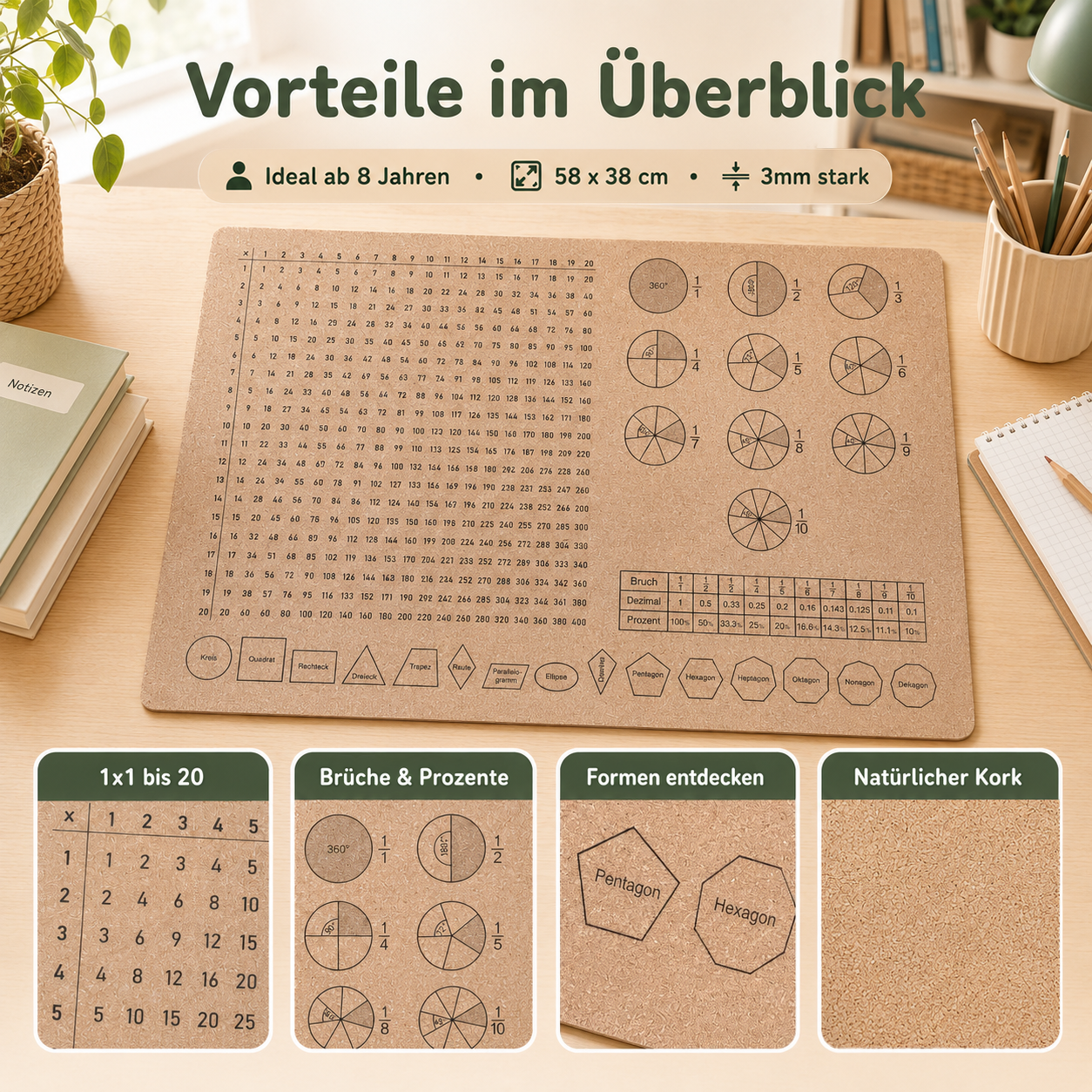 Kork-Schreibtischunterlage für Kinder mit 1x1 bis 20, Brüchen, Prozenten, Formen und natürlicher rutschhemmender Oberfläche
