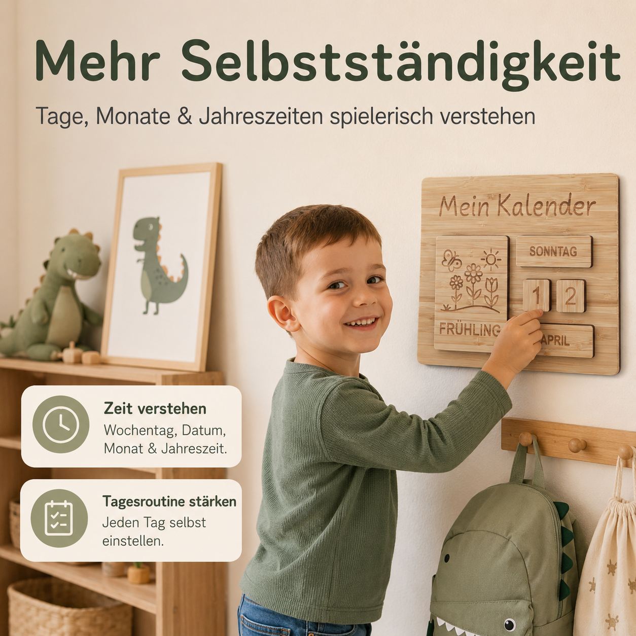 Kind stellt einen Montessori-Kalender aus Holz ein und lernt Wochentag, Datum, Monat und Jahreszeit selbstständig kennen