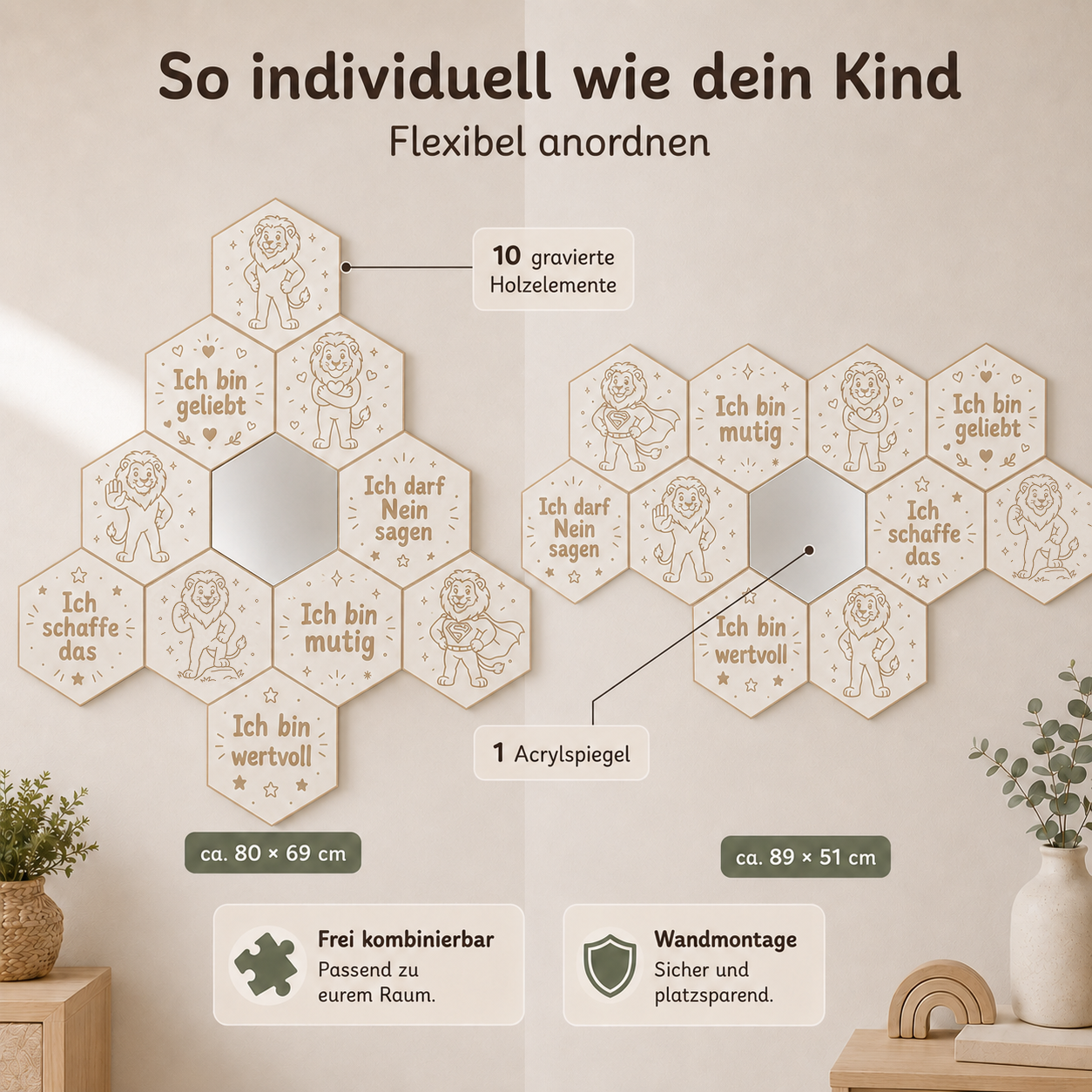 Modularer Mutmach-Spiegel Löwe in weiß mit 10 gravierten Holzelementen, Acrylspiegel und frei kombinierbarer Wandgestaltung
