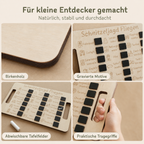 Detailansicht der Schnitzeljagd Flugreise mit Birkenholz, gravierten Symbolen und abwischbaren Kreidefeldern.