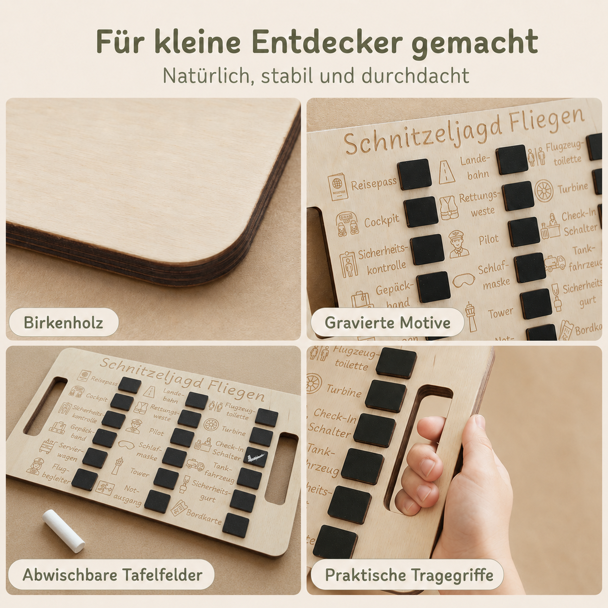 Detailansicht der Schnitzeljagd Flugreise mit Birkenholz, gravierten Symbolen und abwischbaren Kreidefeldern.