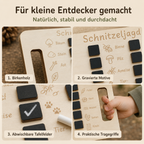 Detailansicht der Schnitzeljagd Natur mit Birkenholz, gravierten Naturmotiven und abwischbaren Kreidefeldern.