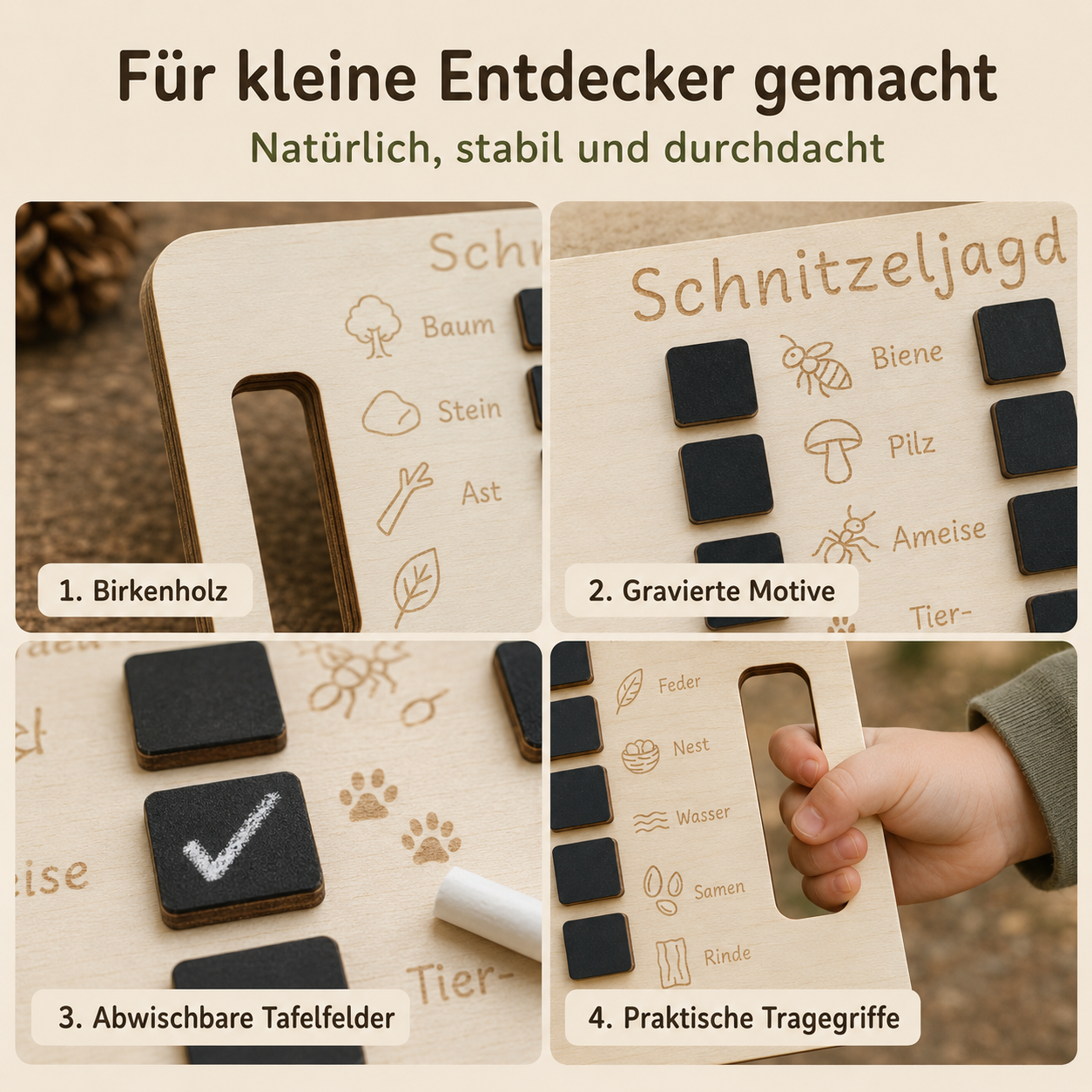 Detailansicht der Schnitzeljagd Natur mit Birkenholz, gravierten Naturmotiven und abwischbaren Kreidefeldern.