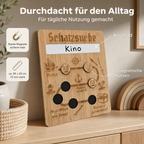 Schatzsuche-Belohnungstafel aus Holz mit Acrylfeld und sieben magnetischen Münzen