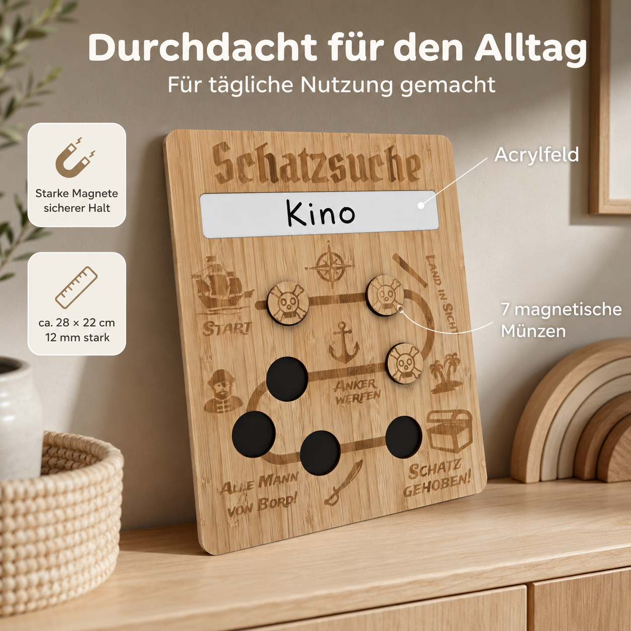 Schatzsuche-Belohnungstafel aus Holz mit Acrylfeld und sieben magnetischen Münzen
