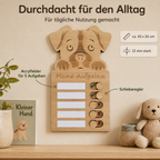 Hund-Checkliste aus Holz für Kinder mit fünf Aufgabenfeldern, Schiebereglern und Wandhalterung