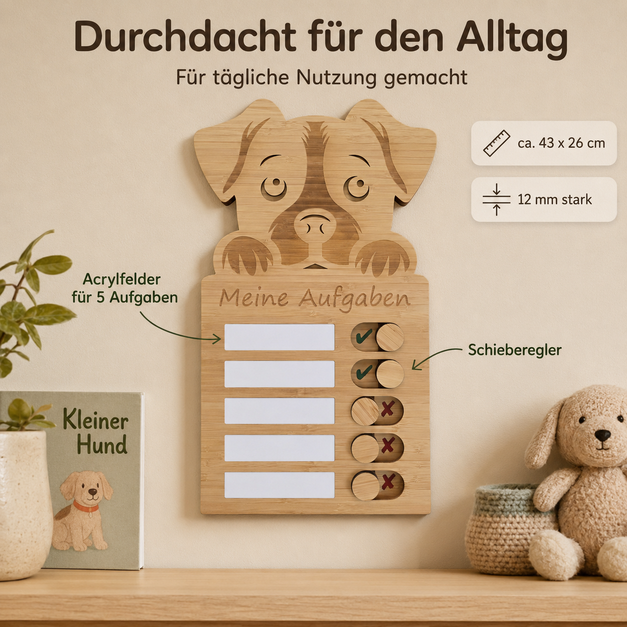 Hund-Checkliste aus Holz für Kinder mit fünf Aufgabenfeldern, Schiebereglern und Wandhalterung