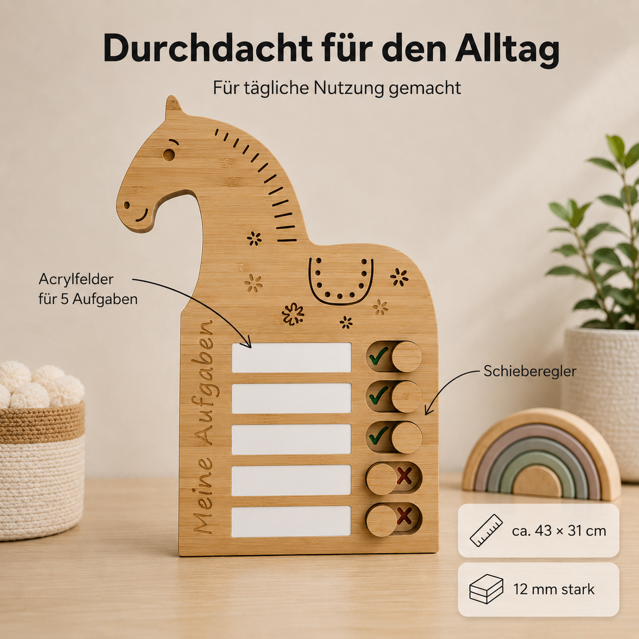 Pferd-Checkliste aus Holz für Kinder mit fünf Aufgabenfeldern, Schiebereglern und Wandhalterung
